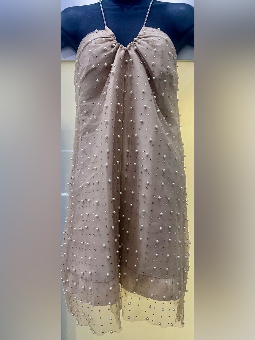 VIOLET WEEKEND Beaded Halter-Neck Sleeveless Dress in Taupe Size 7/8